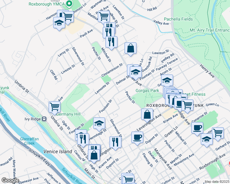 map of restaurants, bars, coffee shops, grocery stores, and more near 314 Fountain Street in Philadelphia