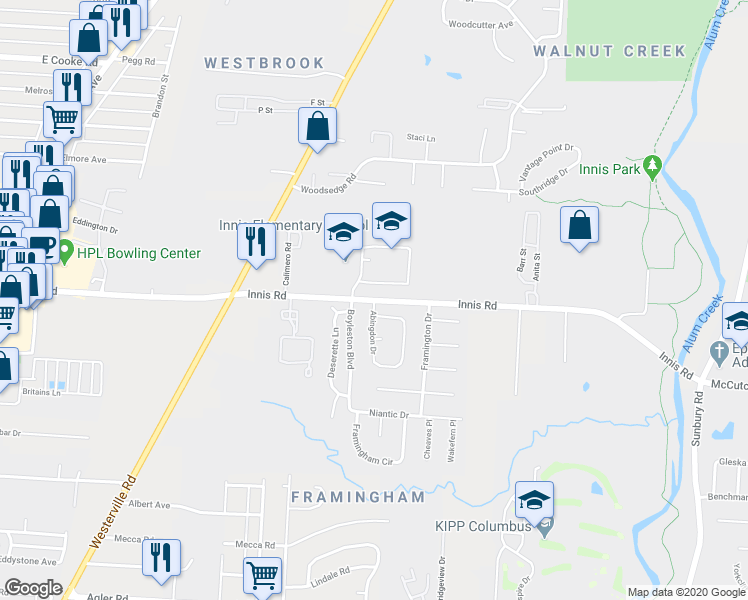 map of restaurants, bars, coffee shops, grocery stores, and more near Innis Road in Columbus