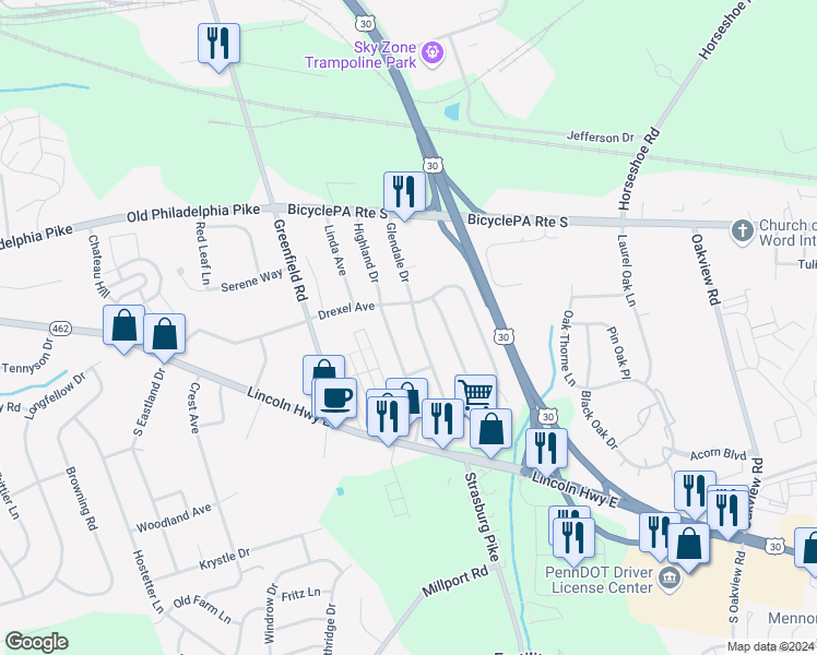 map of restaurants, bars, coffee shops, grocery stores, and more near 52 Glendale Drive in Lancaster