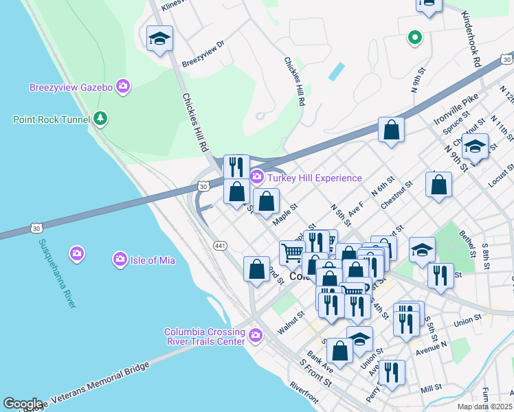 map of restaurants, bars, coffee shops, grocery stores, and more near 300 Linden Street in Columbia