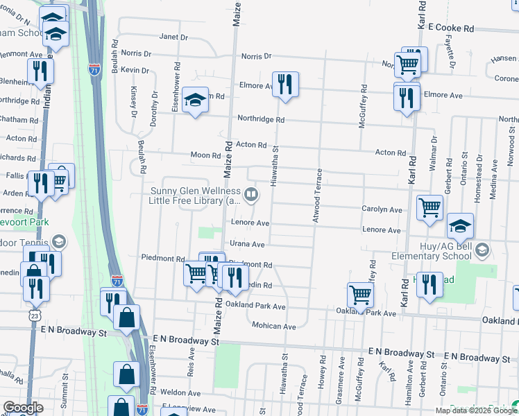 map of restaurants, bars, coffee shops, grocery stores, and more near 1026 Lenore Avenue in Columbus