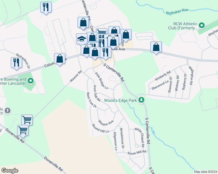 map of restaurants, bars, coffee shops, grocery stores, and more near 262 Pine Bridge Lane in Lancaster