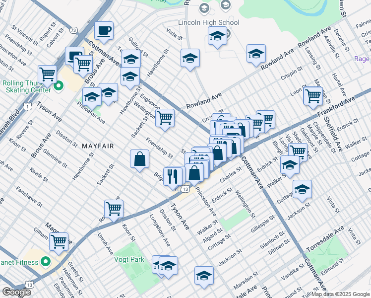 map of restaurants, bars, coffee shops, grocery stores, and more near 3405 Saint Vincent Street in Philadelphia