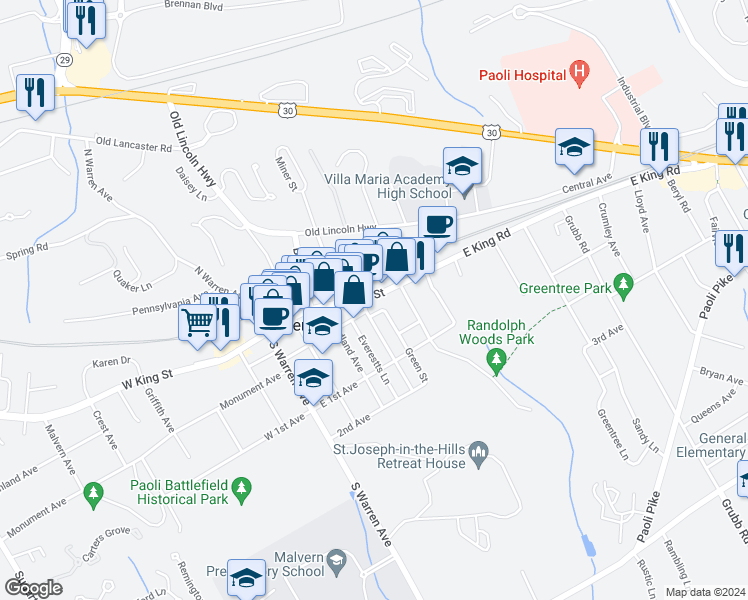 map of restaurants, bars, coffee shops, grocery stores, and more near 312 East King Street in Malvern