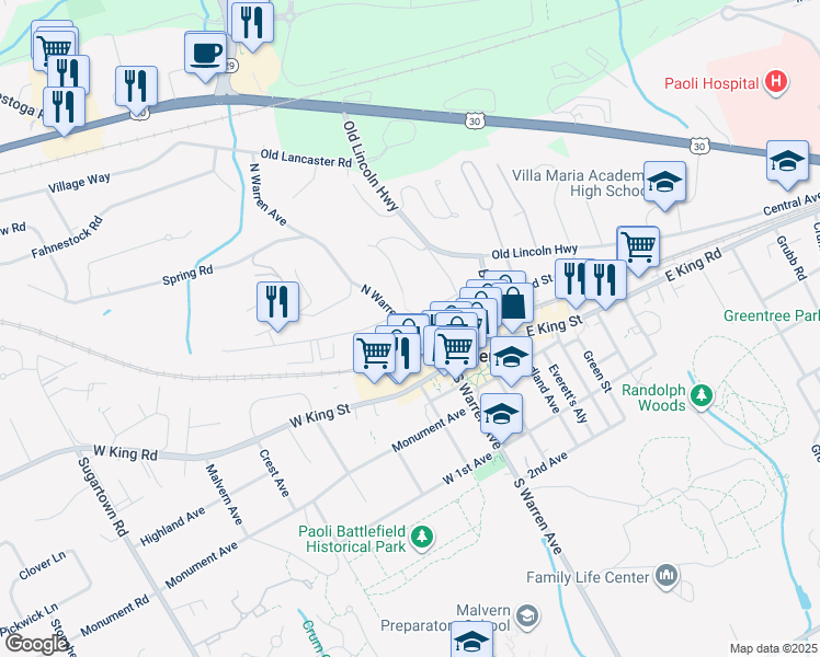 map of restaurants, bars, coffee shops, grocery stores, and more near 105 West King Street in Malvern