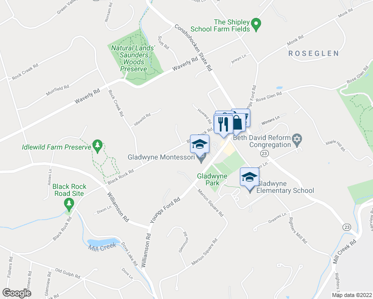 map of restaurants, bars, coffee shops, grocery stores, and more near 935 Black Rock Road in Gladwyne