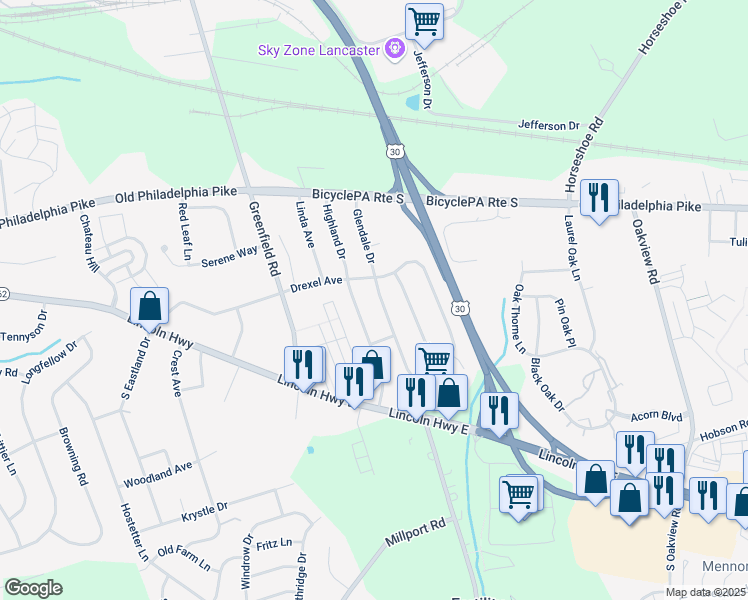 map of restaurants, bars, coffee shops, grocery stores, and more near 52 Glendale Drive in Lancaster