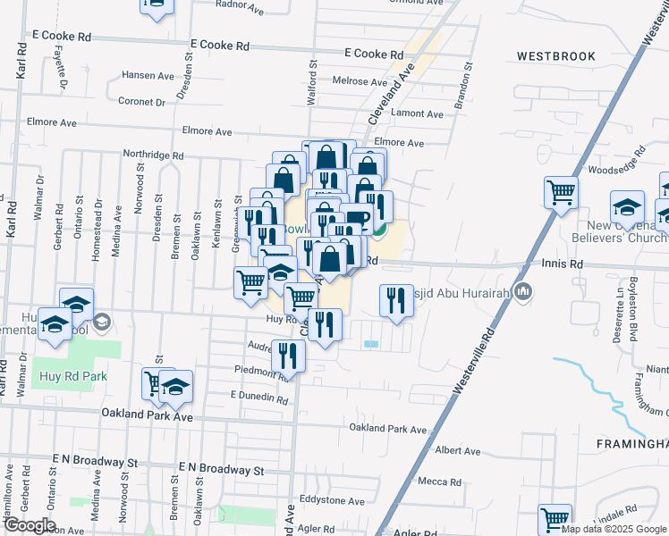map of restaurants, bars, coffee shops, grocery stores, and more near 3409 Cleveland Avenue in Columbus