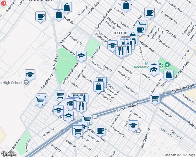 map of restaurants, bars, coffee shops, grocery stores, and more near 6127 Alma Street in Philadelphia