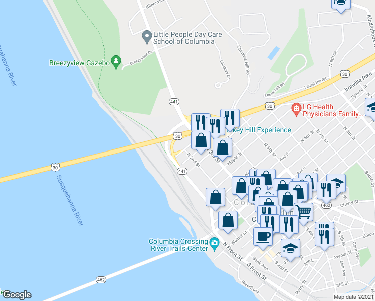 map of restaurants, bars, coffee shops, grocery stores, and more near 545 North 2nd Street in Columbia