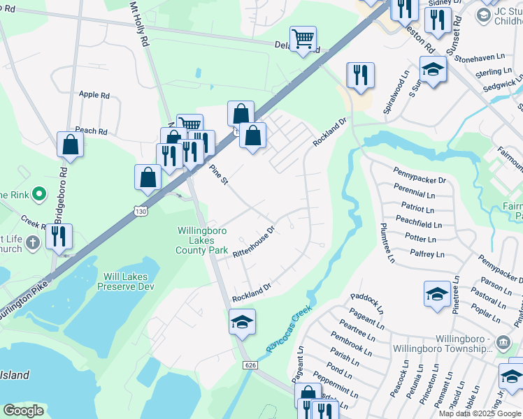 map of restaurants, bars, coffee shops, grocery stores, and more near 26 Pine Street in Willingboro