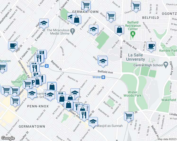 map of restaurants, bars, coffee shops, grocery stores, and more near 5301 Belfield Avenue in Philadelphia