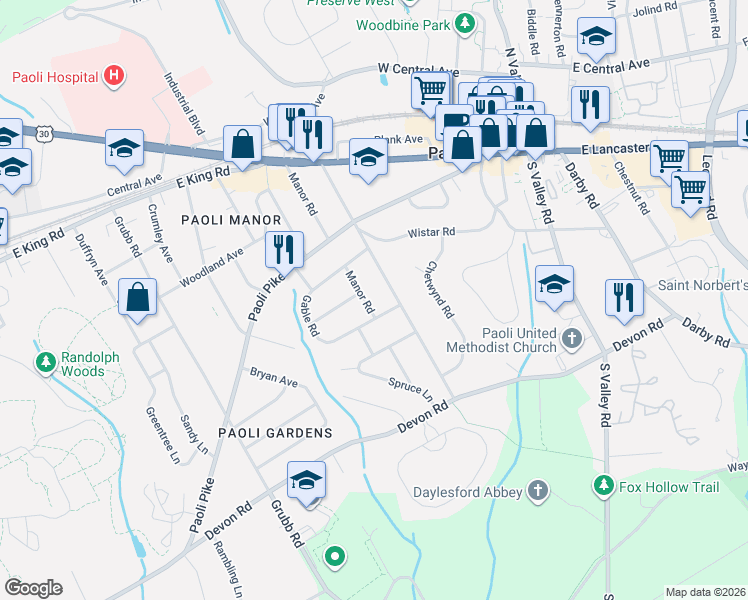 map of restaurants, bars, coffee shops, grocery stores, and more near in Paoli