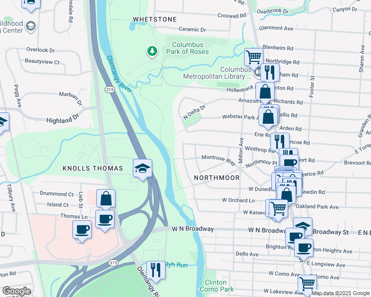 map of restaurants, bars, coffee shops, grocery stores, and more near 280 Montrose Way in Columbus