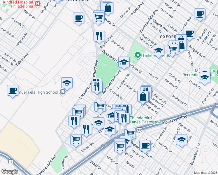 map of restaurants, bars, coffee shops, grocery stores, and more near 5929 Summerdale Avenue in Philadelphia