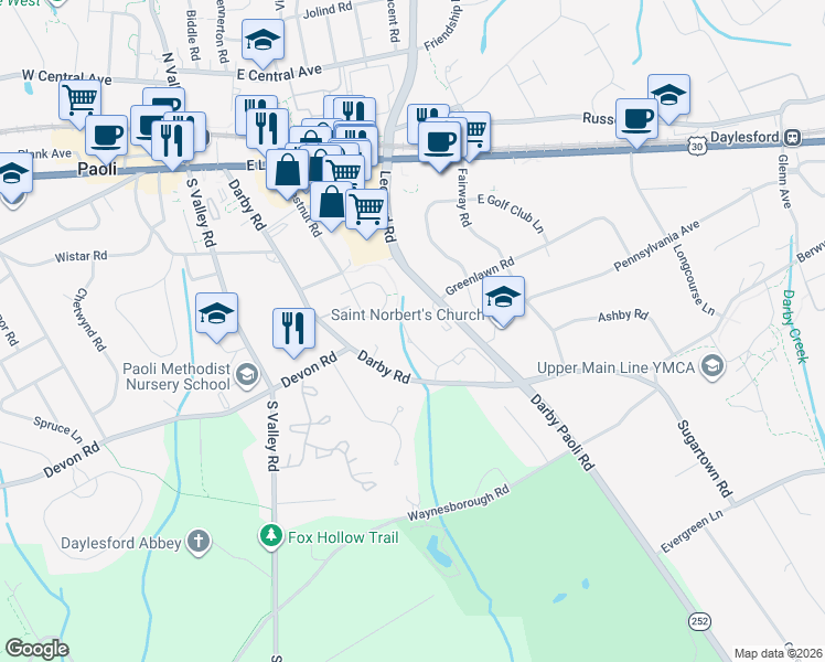 map of restaurants, bars, coffee shops, grocery stores, and more near 569 Foxwood Lane in Paoli
