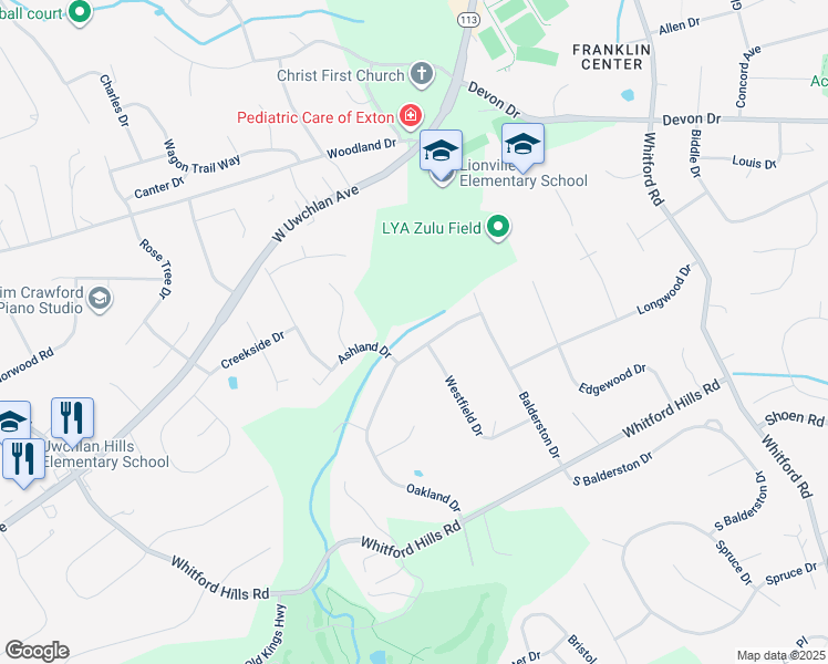 map of restaurants, bars, coffee shops, grocery stores, and more near 49 Oakland Drive in Downingtown