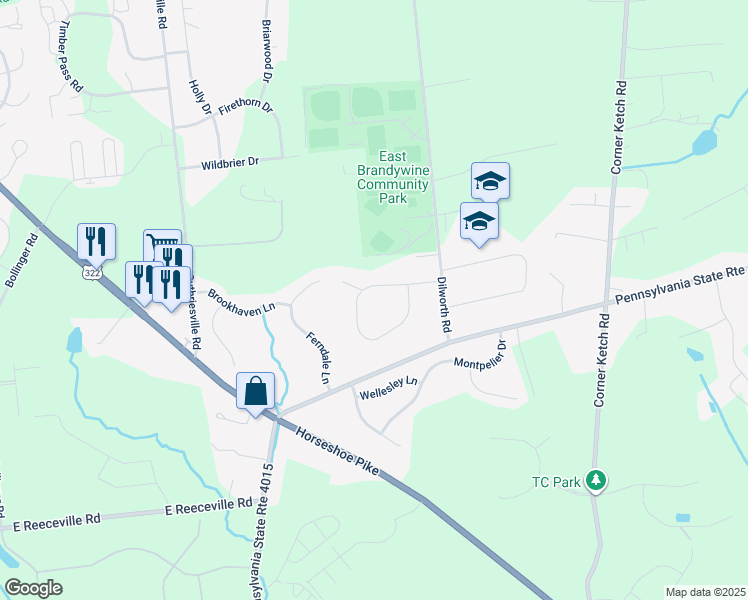 map of restaurants, bars, coffee shops, grocery stores, and more near 3 Kristin Circle in Downingtown