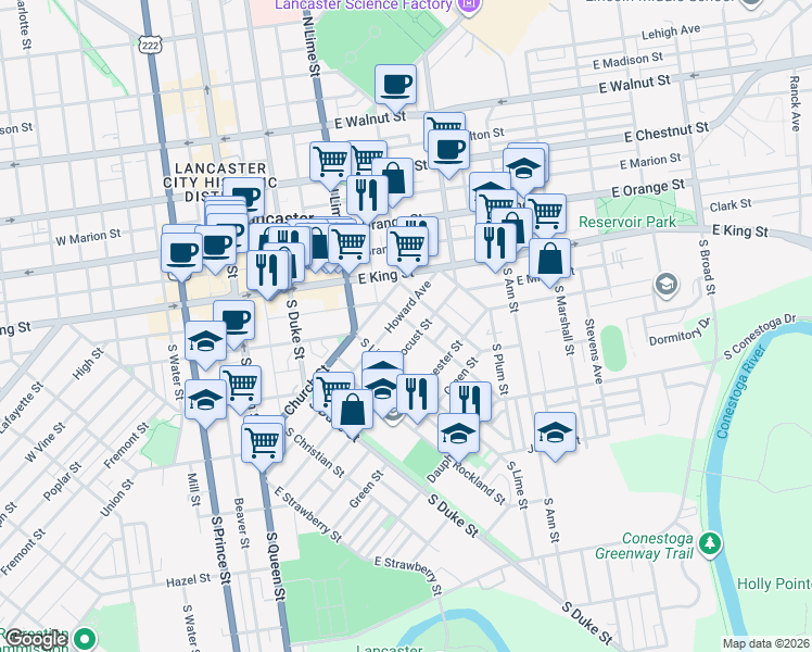 map of restaurants, bars, coffee shops, grocery stores, and more near 124 Locust Street in Lancaster