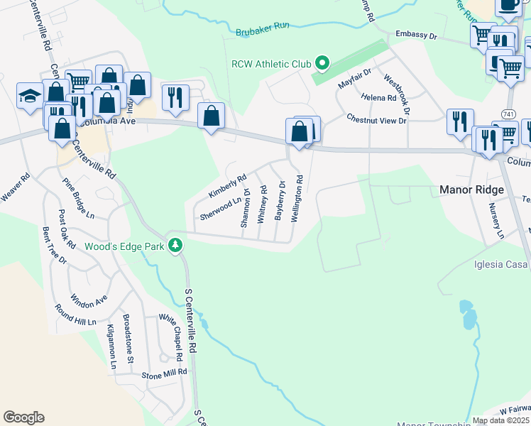 map of restaurants, bars, coffee shops, grocery stores, and more near 119 Whitney Road in Lancaster