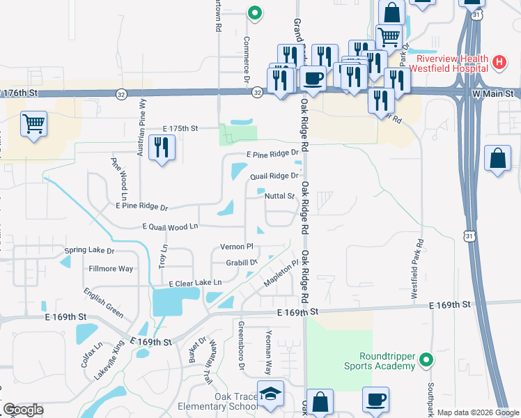 map of restaurants, bars, coffee shops, grocery stores, and more near 481 Quail Ridge Drive in Westfield