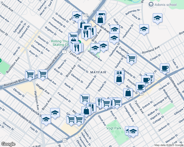 map of restaurants, bars, coffee shops, grocery stores, and more near 3048 Disston Street in Philadelphia