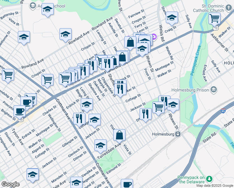 map of restaurants, bars, coffee shops, grocery stores, and more near 4314 Sheffield St in Philadelphia