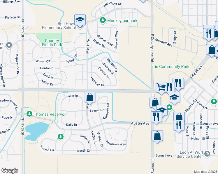 map of restaurants, bars, coffee shops, grocery stores, and more near 644 Mathews Circle in Erie