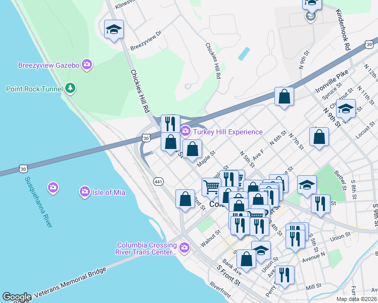 map of restaurants, bars, coffee shops, grocery stores, and more near 419 North 3rd Street in Columbia