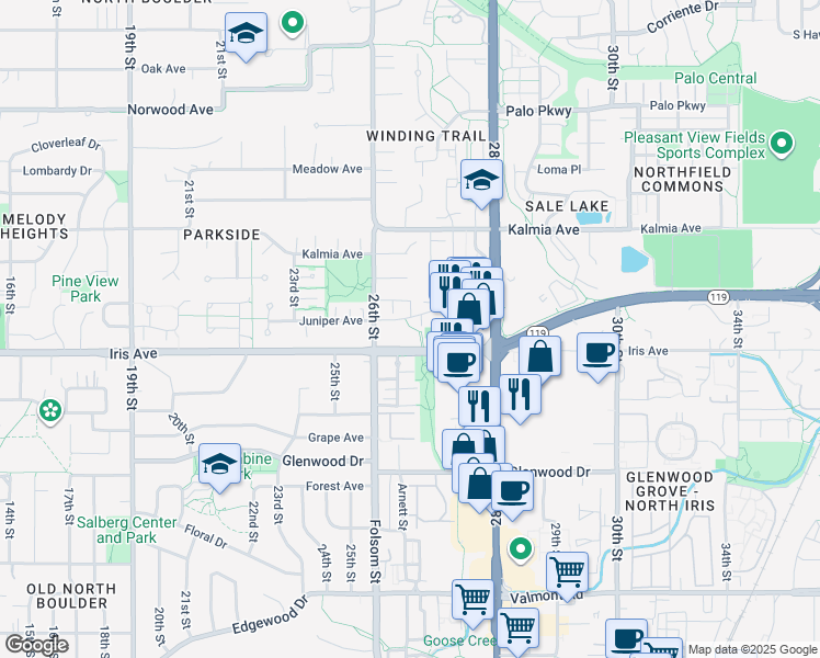 map of restaurants, bars, coffee shops, grocery stores, and more near in Boulder