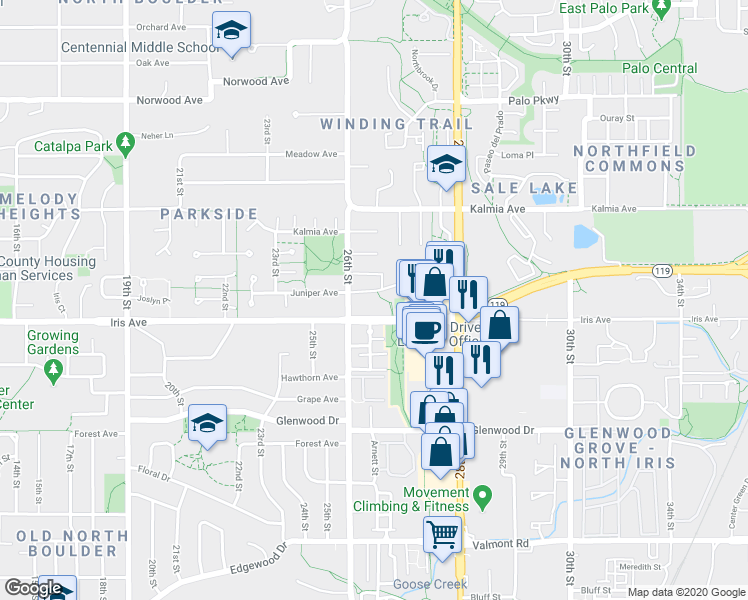 map of restaurants, bars, coffee shops, grocery stores, and more near in Boulder