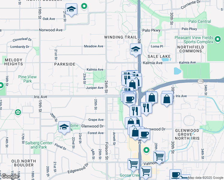 map of restaurants, bars, coffee shops, grocery stores, and more near in Boulder