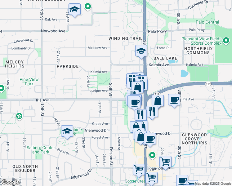 map of restaurants, bars, coffee shops, grocery stores, and more near in Boulder