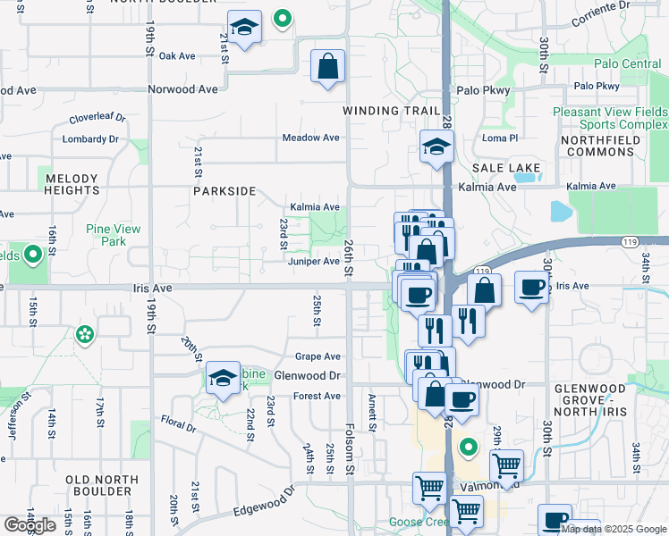 map of restaurants, bars, coffee shops, grocery stores, and more near in Boulder