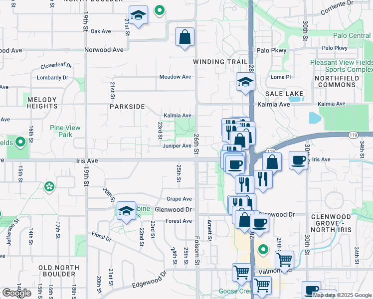 map of restaurants, bars, coffee shops, grocery stores, and more near in Boulder
