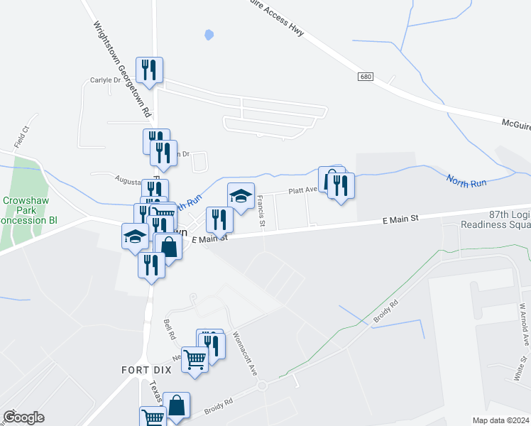 map of restaurants, bars, coffee shops, grocery stores, and more near 4 Francis Street in Wrightstown