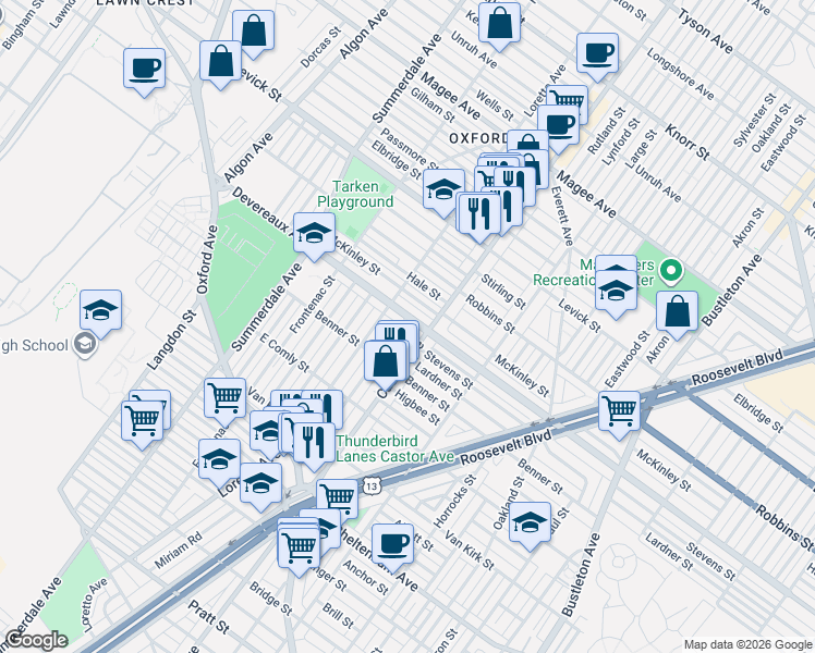 map of restaurants, bars, coffee shops, grocery stores, and more near 6127 Alma Street in Philadelphia
