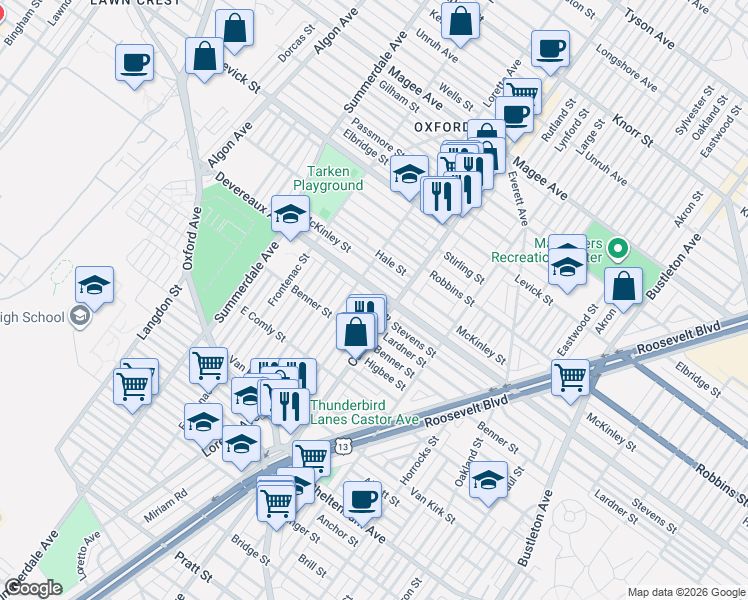 map of restaurants, bars, coffee shops, grocery stores, and more near 6127 Alma Street in Philadelphia