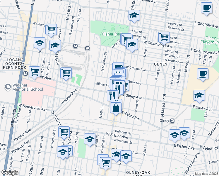 map of restaurants, bars, coffee shops, grocery stores, and more near 538 West Olney Avenue in Philadelphia