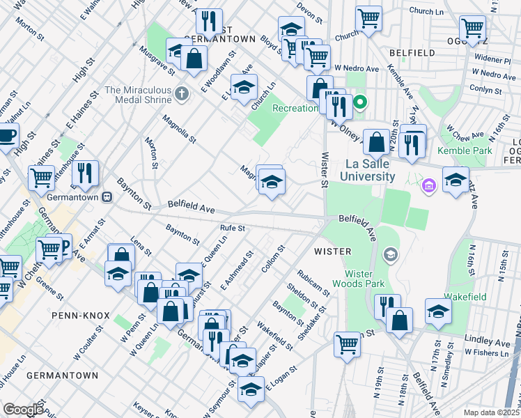 map of restaurants, bars, coffee shops, grocery stores, and more near 5253 Belfield Avenue in Philadelphia