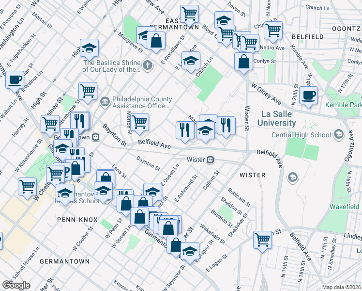 map of restaurants, bars, coffee shops, grocery stores, and more near 300 East Penn Street in Philadelphia