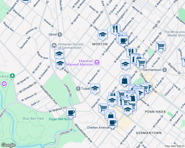 map of restaurants, bars, coffee shops, grocery stores, and more near 261 West Pastorius Street in Philadelphia