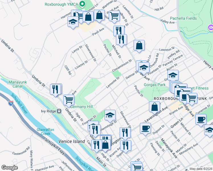 map of restaurants, bars, coffee shops, grocery stores, and more near 4900 Tibben Street in Philadelphia
