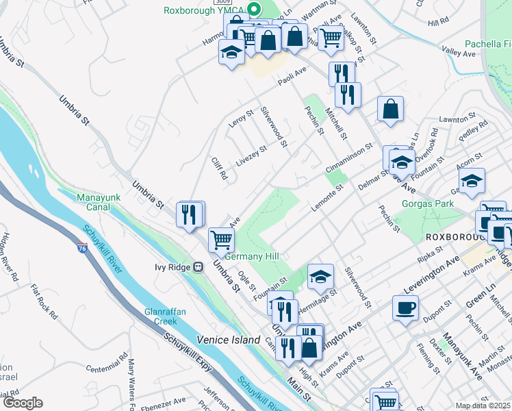 map of restaurants, bars, coffee shops, grocery stores, and more near 205 Parker Avenue in Philadelphia