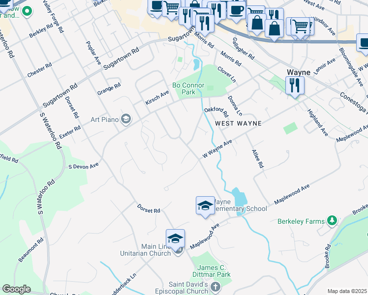 map of restaurants, bars, coffee shops, grocery stores, and more near 511 Crestview Road in Wayne