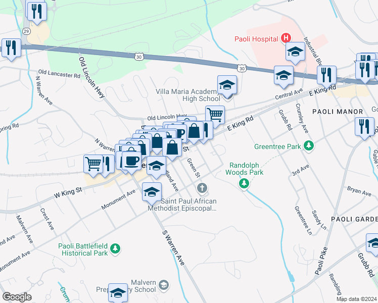 map of restaurants, bars, coffee shops, grocery stores, and more near 111 Church Street in Malvern