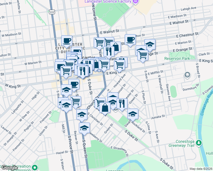 map of restaurants, bars, coffee shops, grocery stores, and more near 319 South Lime Street in Lancaster