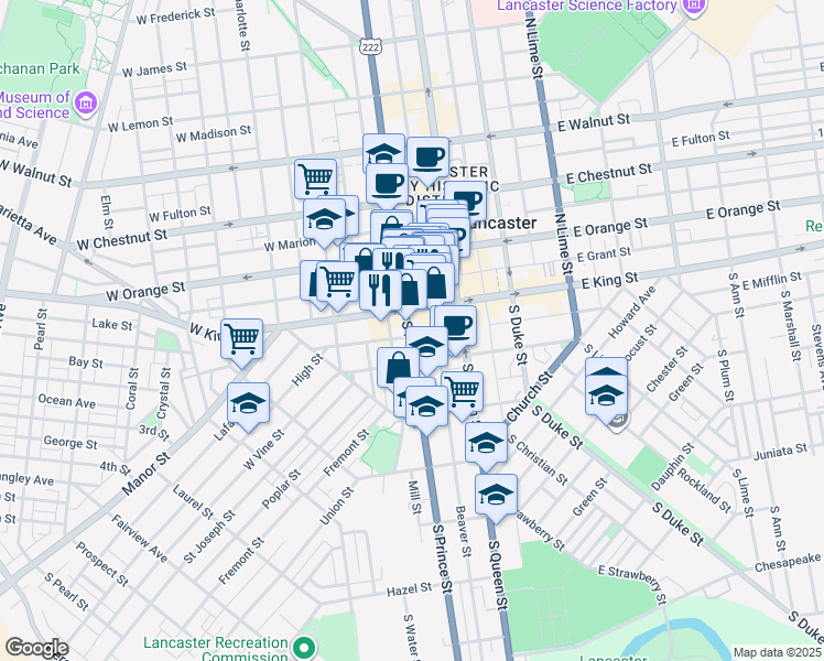 map of restaurants, bars, coffee shops, grocery stores, and more near 38 South Prince Street in Lancaster