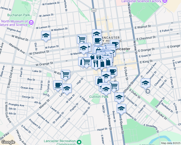 map of restaurants, bars, coffee shops, grocery stores, and more near 34 South Arch Street in Lancaster