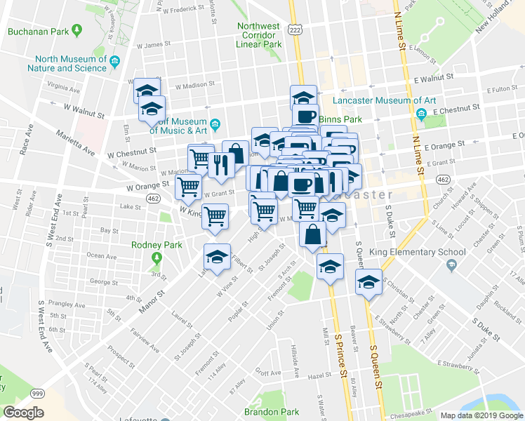 map of restaurants, bars, coffee shops, grocery stores, and more near in Lancaster